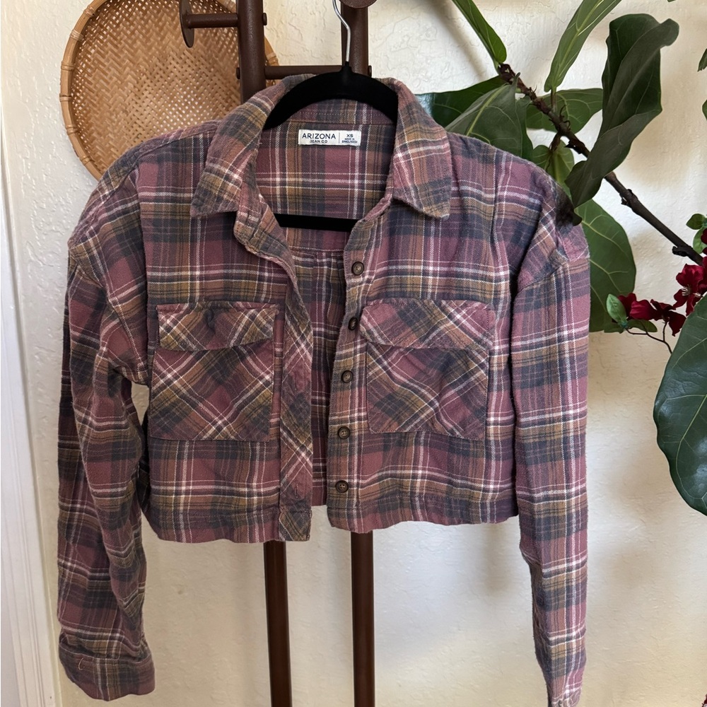 Cropped Flannel- Purple and Brown Plaid